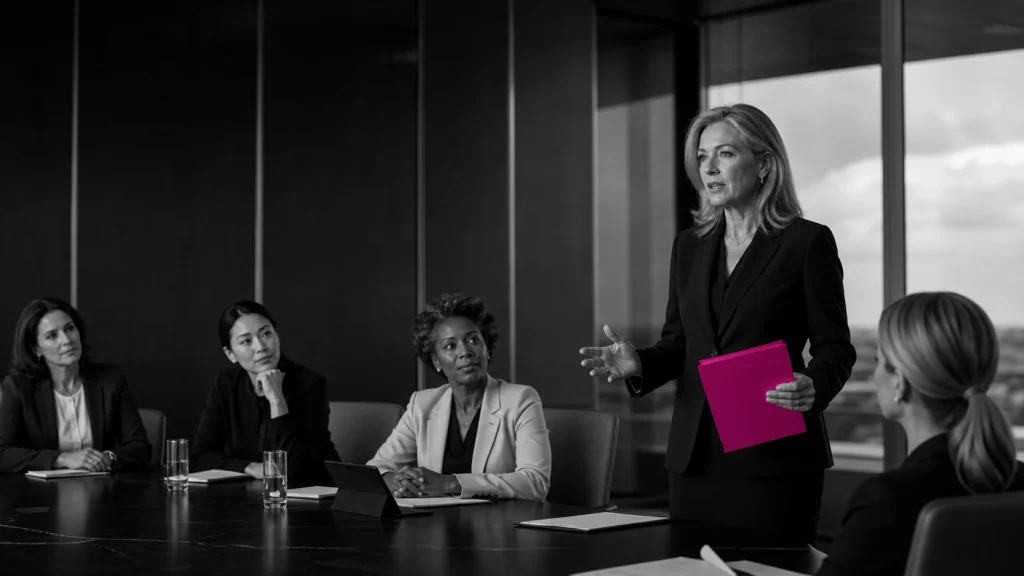 Woman leader presenting with a magenta folder to women executives in a boardroom